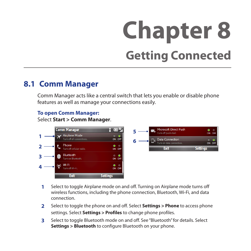 Chapter 8 getting connected, 1 comm manager, Comm.manager | Chapter 8, Getting connected | HTC Dash 3G HS S200 User Manual | Page 119 / 192