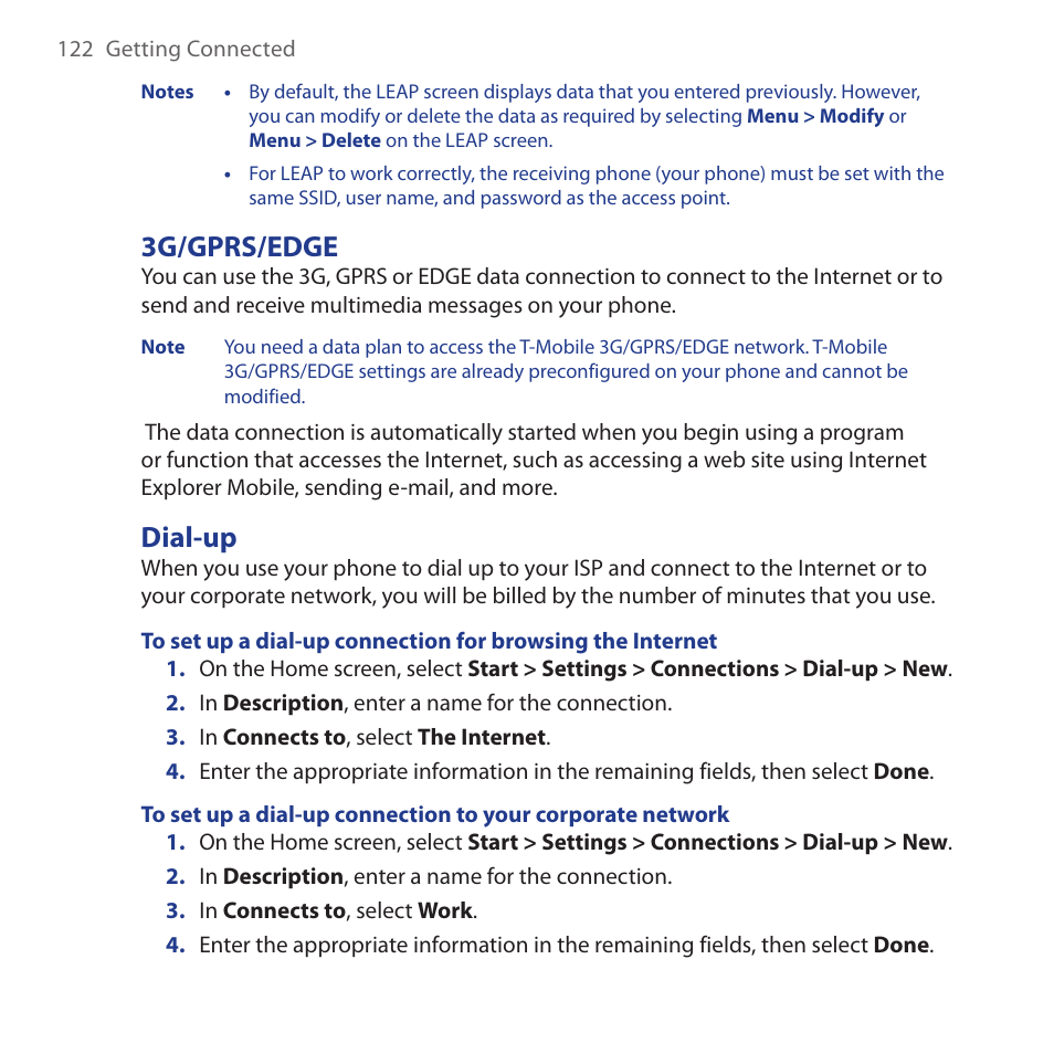 3g/gprs/edge, Dial-up, 3g/gprs/edge dial-up | HTC Dash 3G HS S200 User Manual | Page 122 / 192
