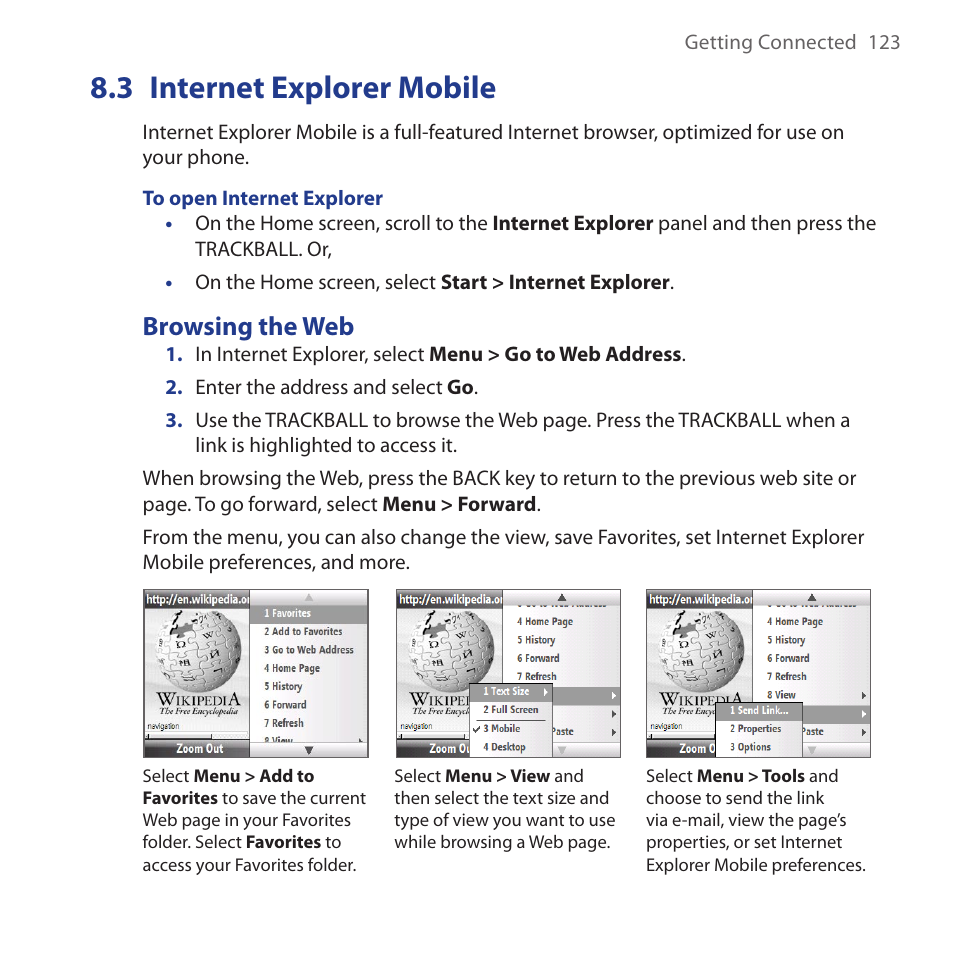 3 internet explorer mobile, Browsing the web, Internet.explorer.mobile | HTC Dash 3G HS S200 User Manual | Page 123 / 192