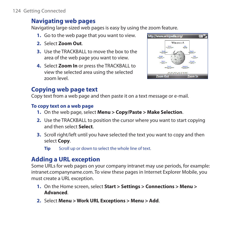 Adding a url exception, Navigating web pages, Copying web page text | HTC Dash 3G HS S200 User Manual | Page 124 / 192
