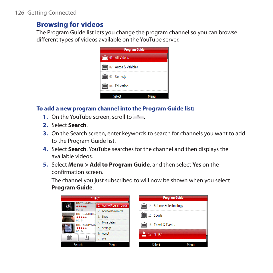 Browsing for videos | HTC Dash 3G HS S200 User Manual | Page 126 / 192