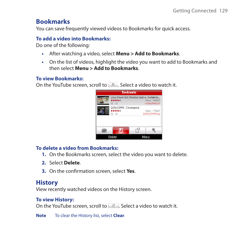 Bookmarks, History, Bookmarks history | HTC Dash 3G HS S200 User Manual | Page 129 / 192