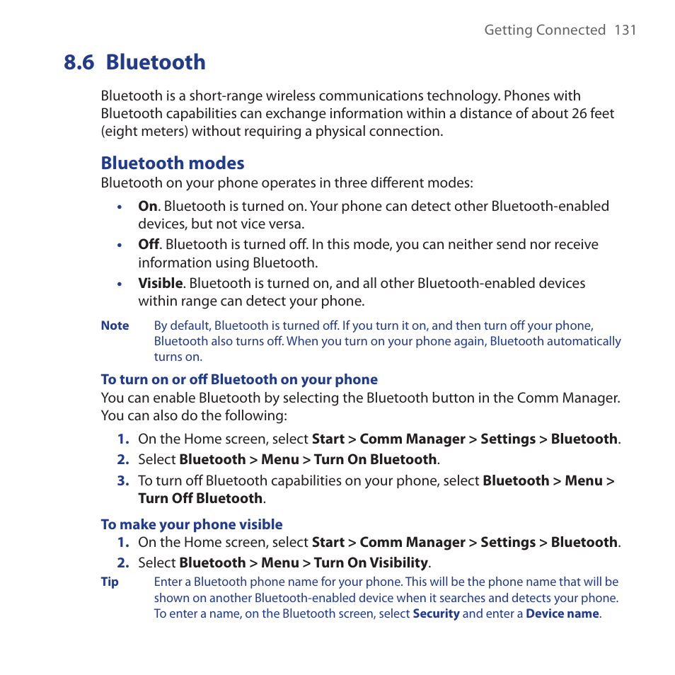 6 bluetooth, Bluetooth modes, Bluetooth | HTC Dash 3G HS S200 User Manual | Page 131 / 192