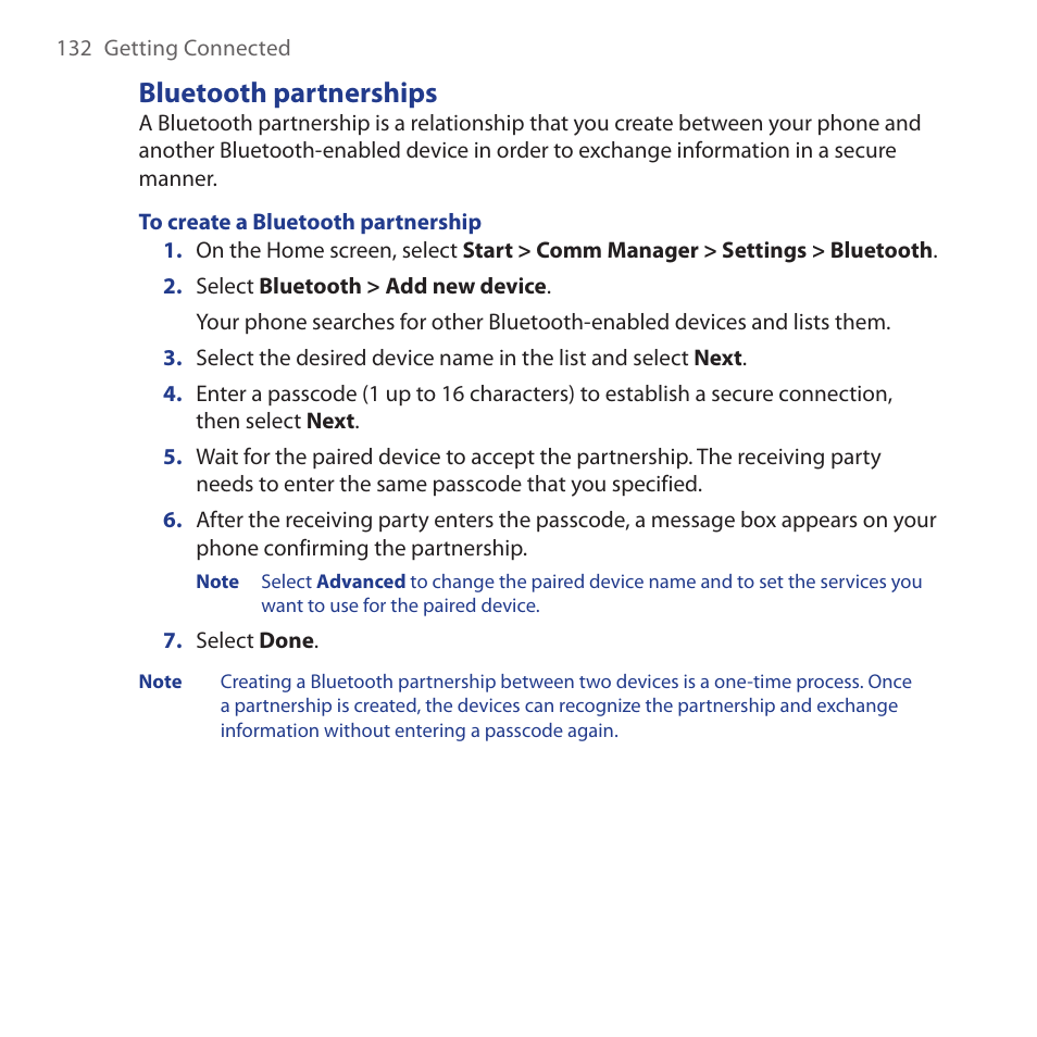 Bluetooth partnerships | HTC Dash 3G HS S200 User Manual | Page 132 / 192