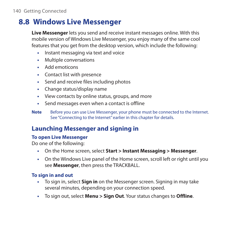 8 windows live messenger, Launching messenger and signing in, Windows.live.messenger | HTC Dash 3G HS S200 User Manual | Page 140 / 192