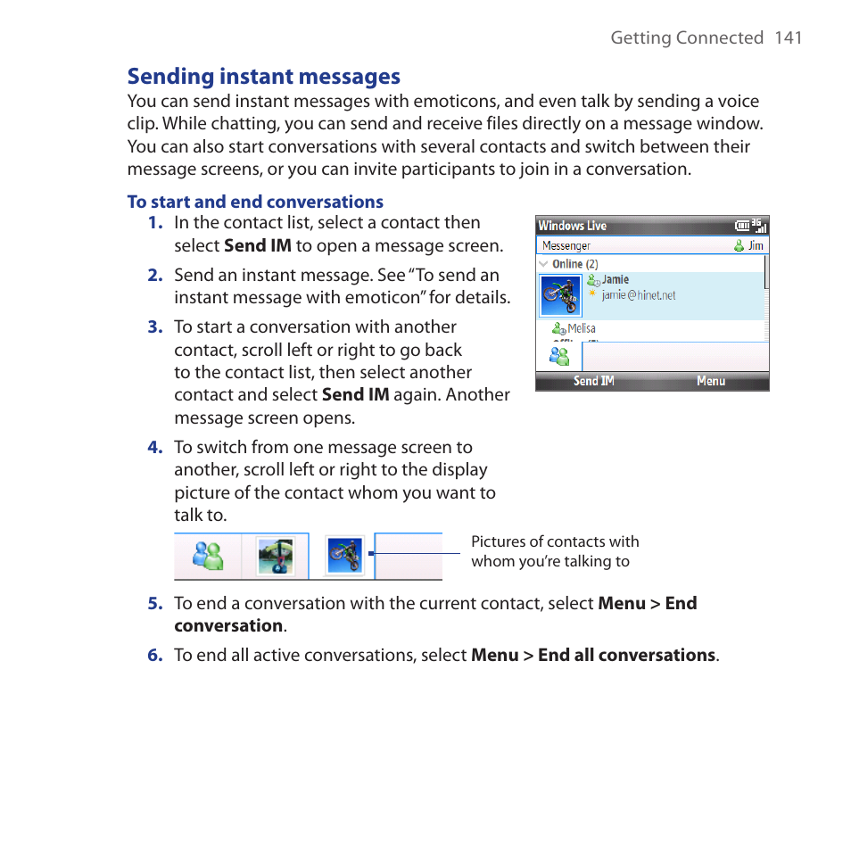 Sending instant messages | HTC Dash 3G HS S200 User Manual | Page 141 / 192