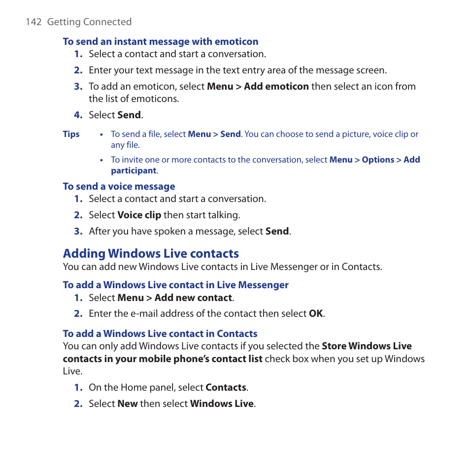 Adding windows live contacts | HTC Dash 3G HS S200 User Manual | Page 142 / 192