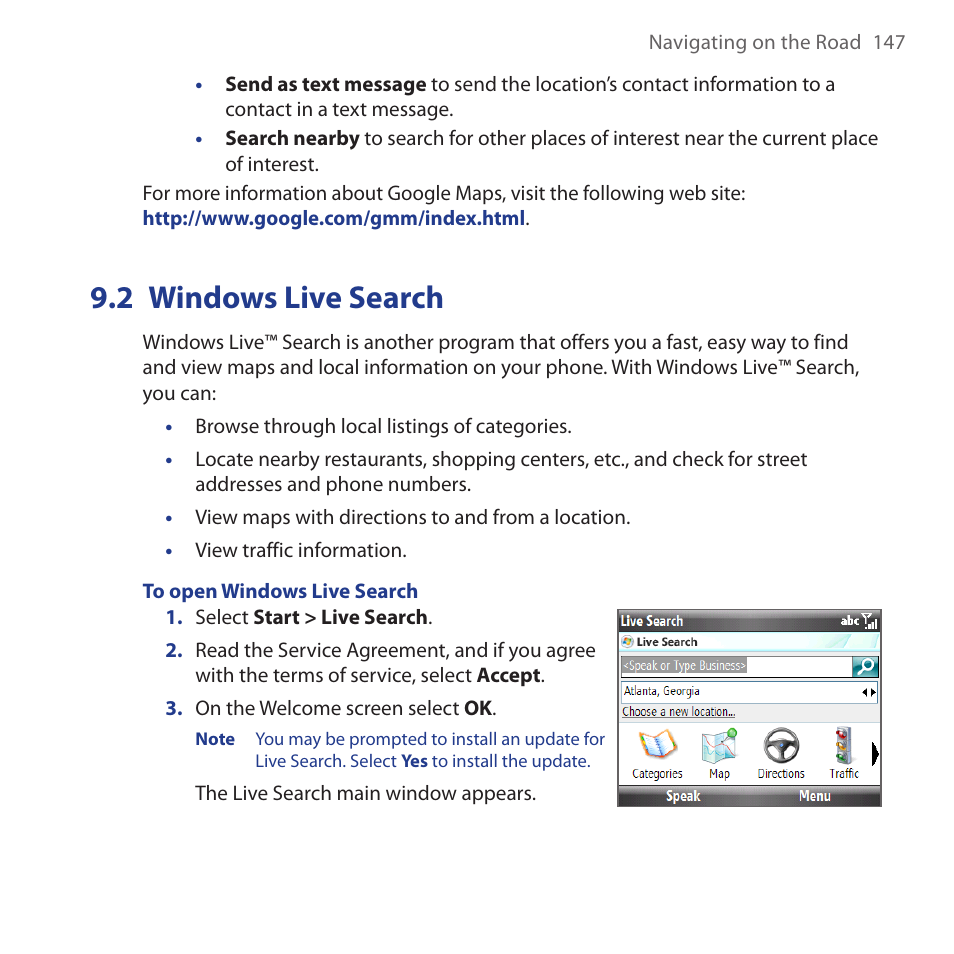 2 windows live search, Windows.live.search | HTC Dash 3G HS S200 User Manual | Page 147 / 192