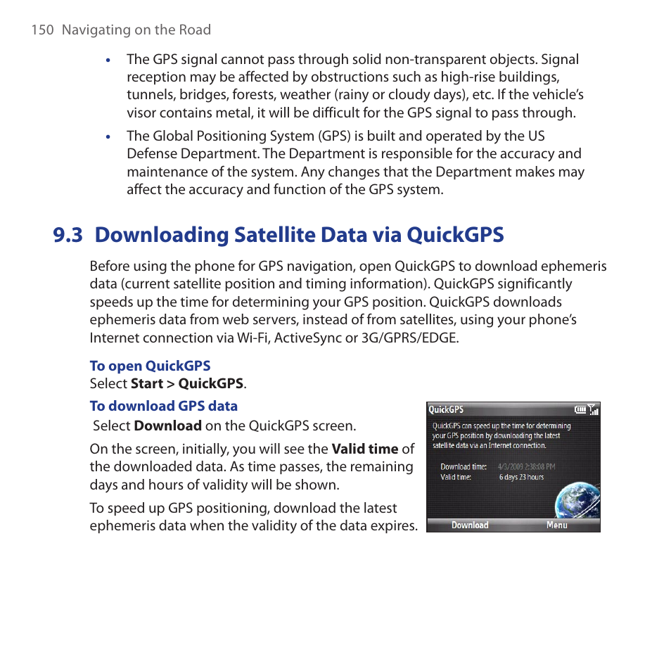 3 downloading satellite data via quickgps, Downloading.satellite.data.via.quickgps | HTC Dash 3G HS S200 User Manual | Page 150 / 192