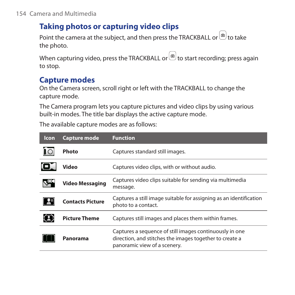 Taking photos or capturing video clips, Capture modes | HTC Dash 3G HS S200 User Manual | Page 154 / 192