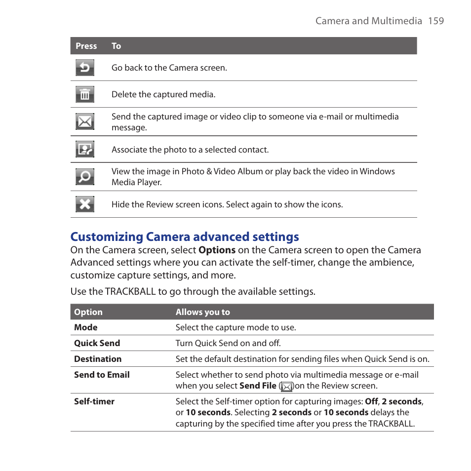 Customizing camera advanced settings | HTC Dash 3G HS S200 User Manual | Page 159 / 192