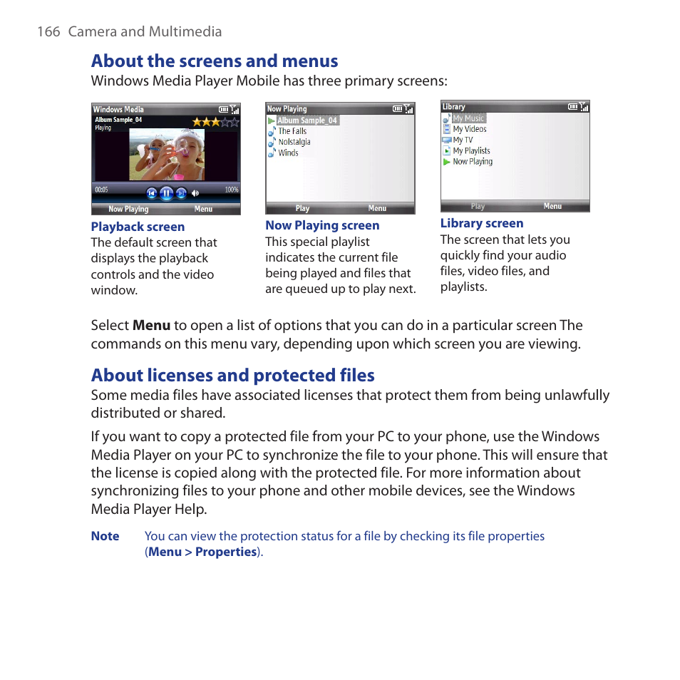 About the screens and menus, About licenses and protected files | HTC Dash 3G HS S200 User Manual | Page 166 / 192