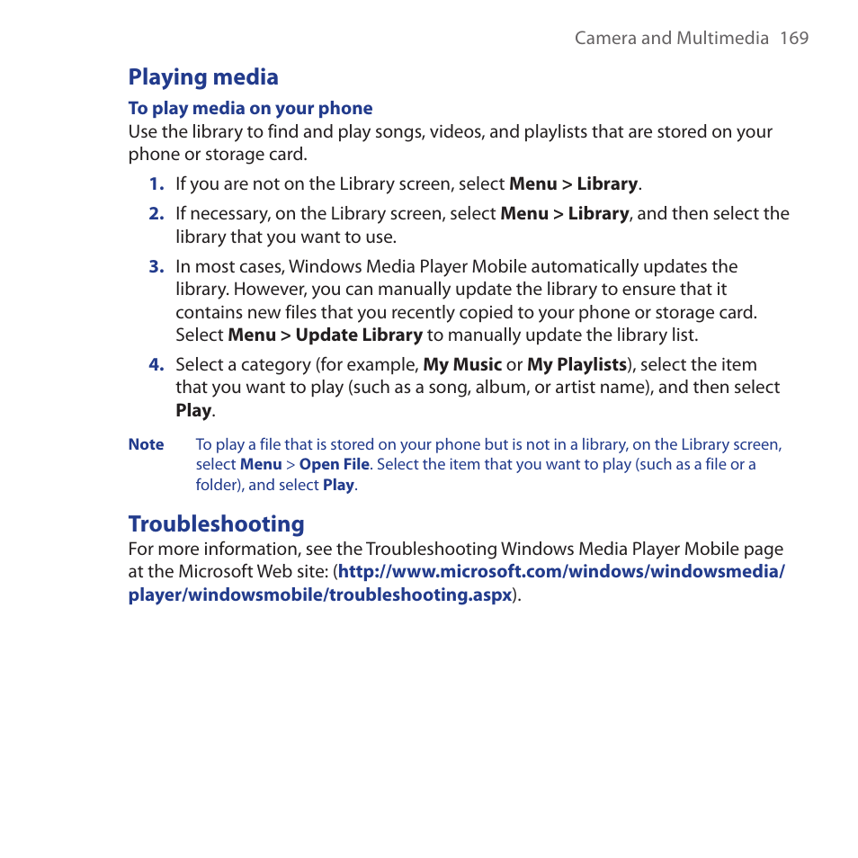 Playing media, Troubleshooting, Playing media troubleshooting | HTC Dash 3G HS S200 User Manual | Page 169 / 192