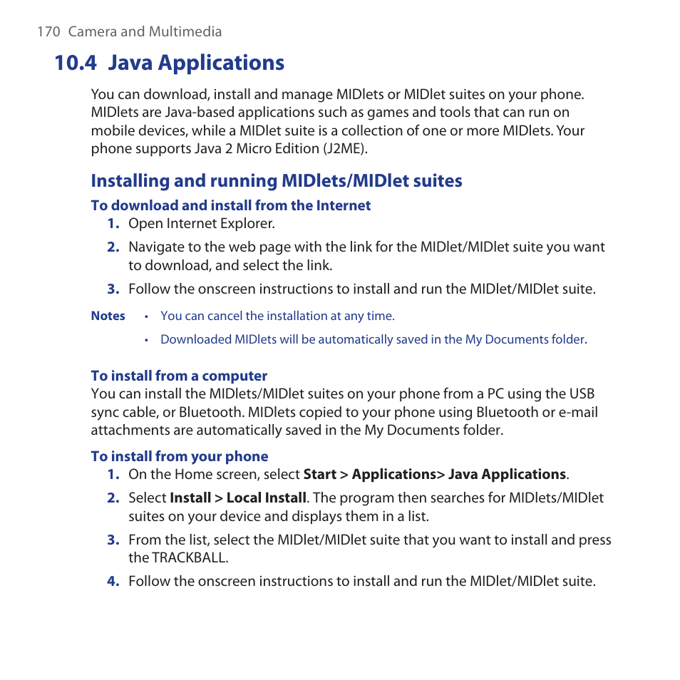 4 java applications, Installing and running midlets/midlet suites, Java.applications | HTC Dash 3G HS S200 User Manual | Page 170 / 192