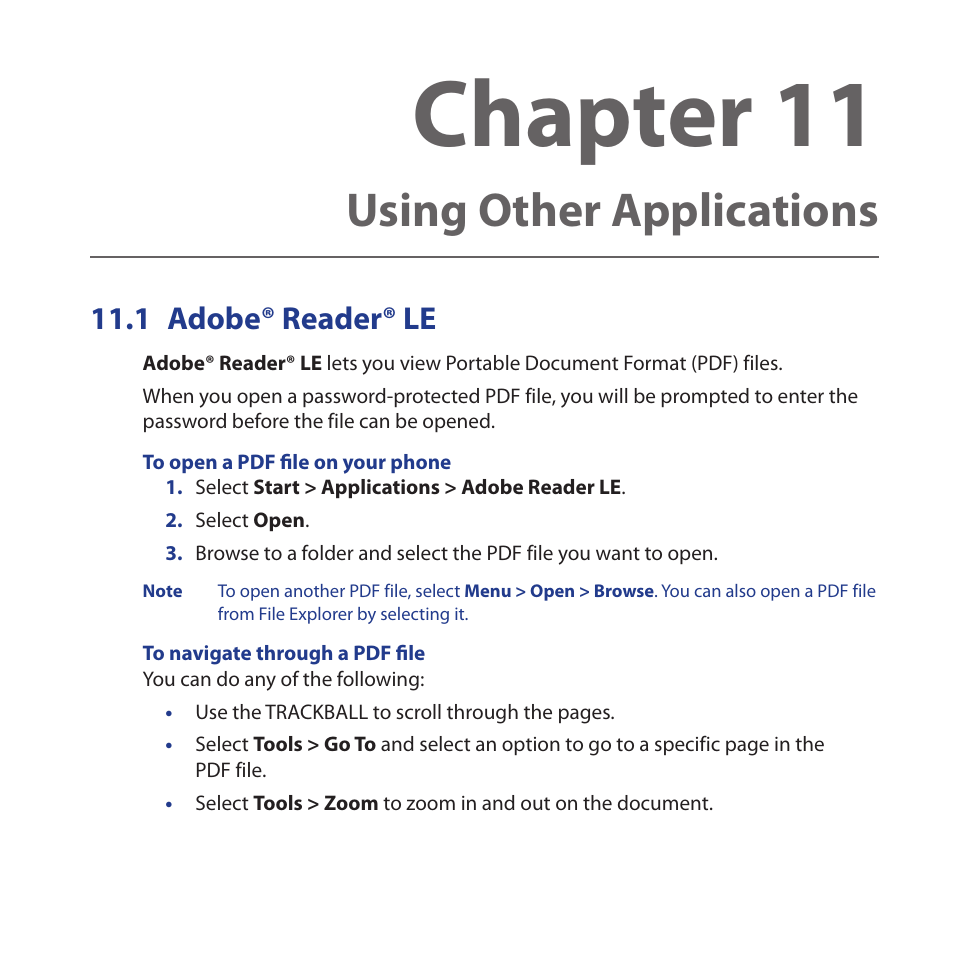 Chapter 11 using other applications, 1 adobe® reader® le, Adobe®.reader®.le | Chapter 11, Using other applications | HTC Dash 3G HS S200 User Manual | Page 173 / 192