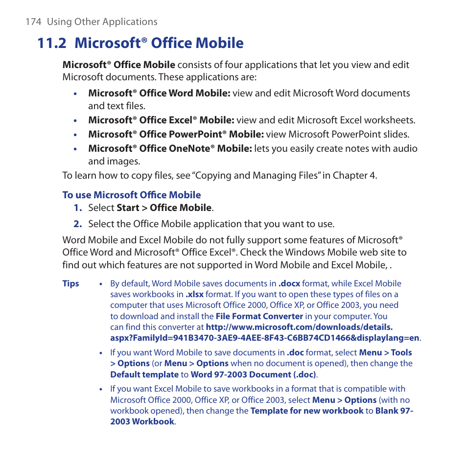 2 microsoft® office mobile, Microsoft®.office.mobile | HTC Dash 3G HS S200 User Manual | Page 174 / 192
