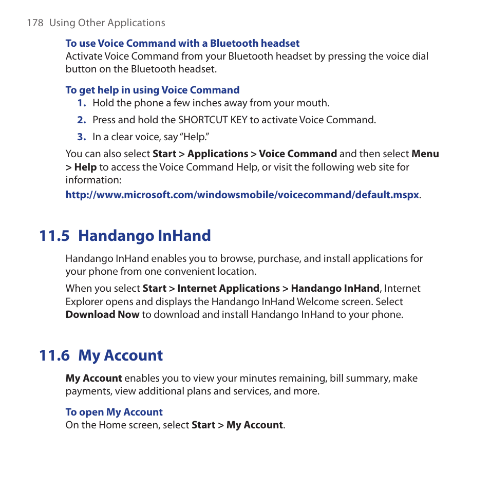 5 handango inhand, 6 my account, Handango.inhand 11.6. my.account | HTC Dash 3G HS S200 User Manual | Page 178 / 192