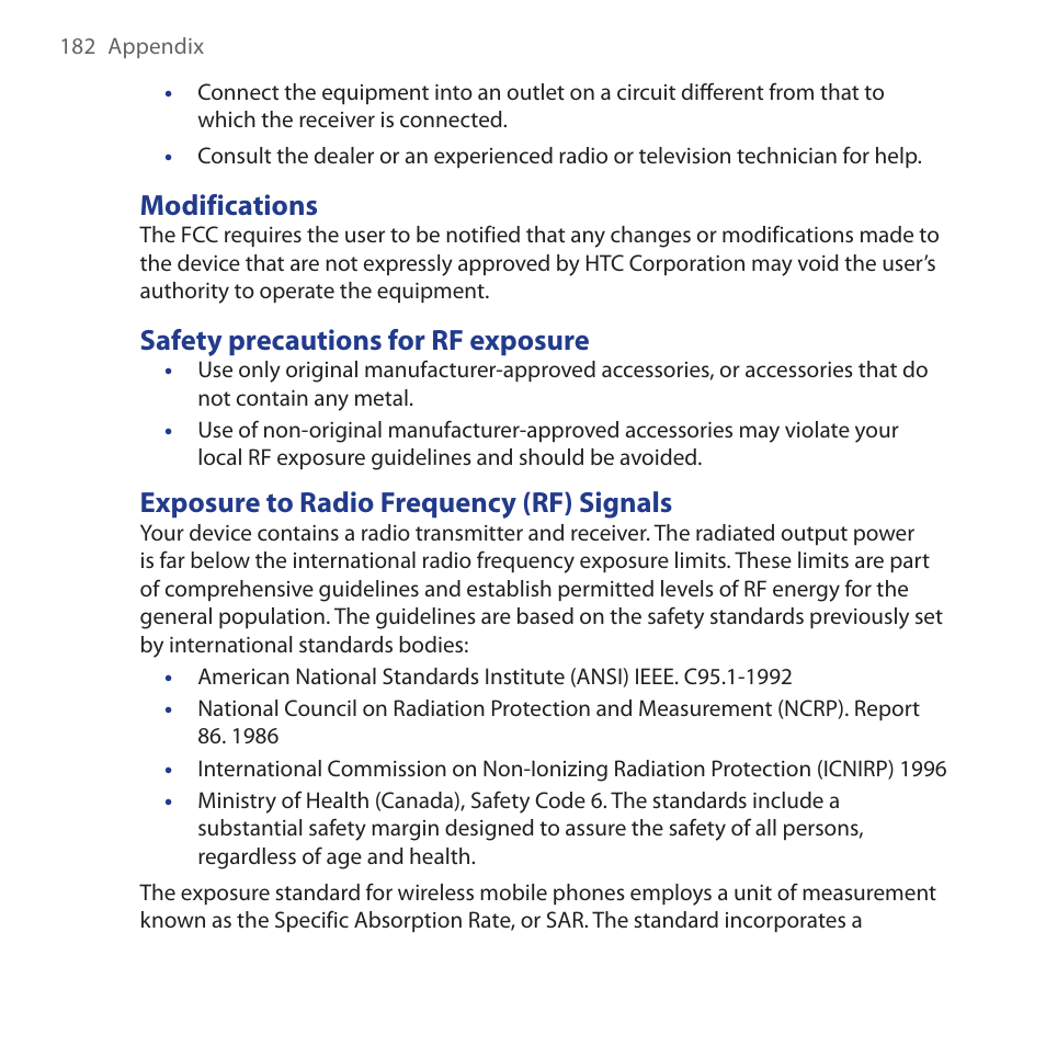 Modifications, Safety precautions for rf exposure, Exposure to radio frequency (rf) signals | HTC Dash 3G HS S200 User Manual | Page 182 / 192