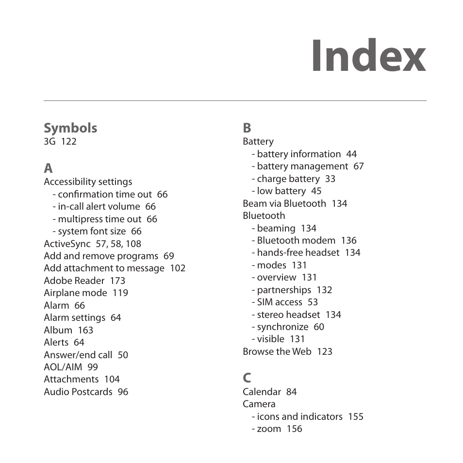 Index, Symbols | HTC Dash 3G HS S200 User Manual | Page 187 / 192