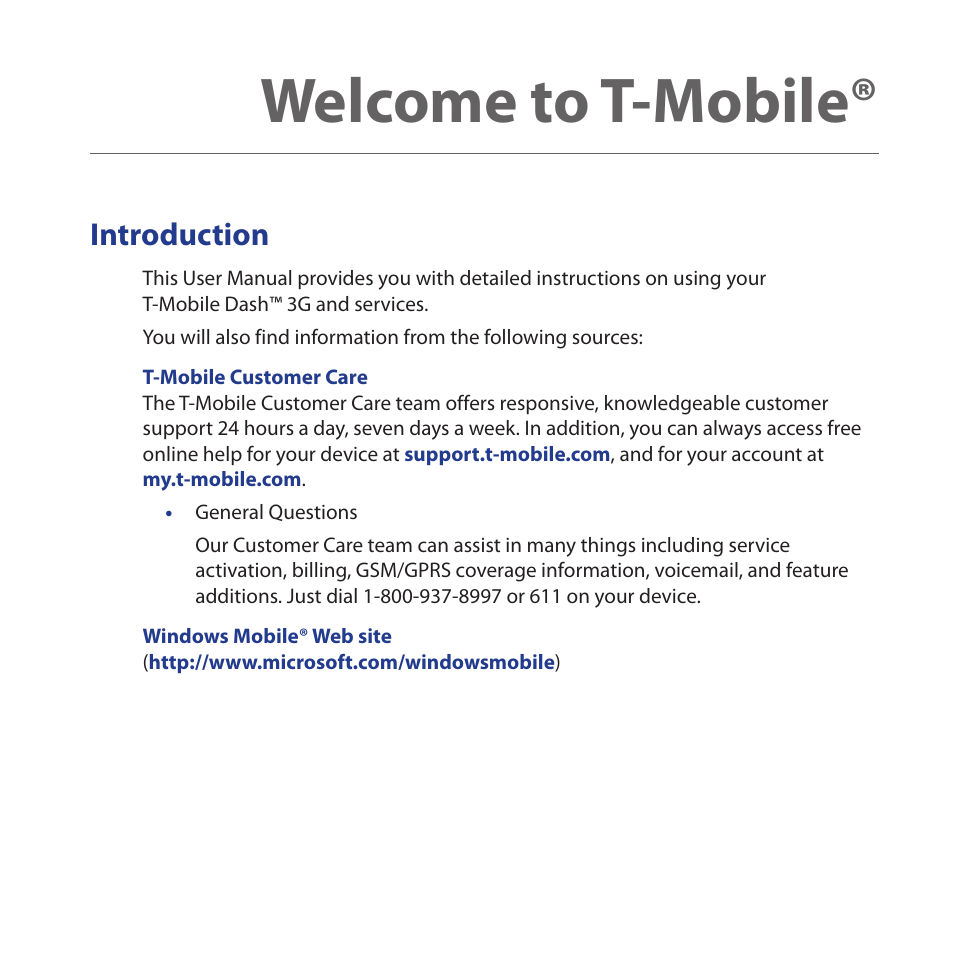 Welcome to t-mobile, Introduction | HTC Dash 3G HS S200 User Manual | Page 19 / 192