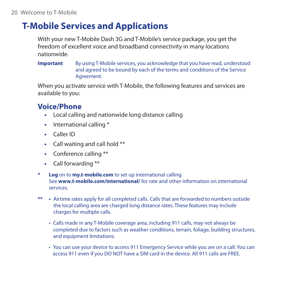 T-mobile services and applications, Voice/phone, T-mobile.services.and.applications | HTC Dash 3G HS S200 User Manual | Page 20 / 192