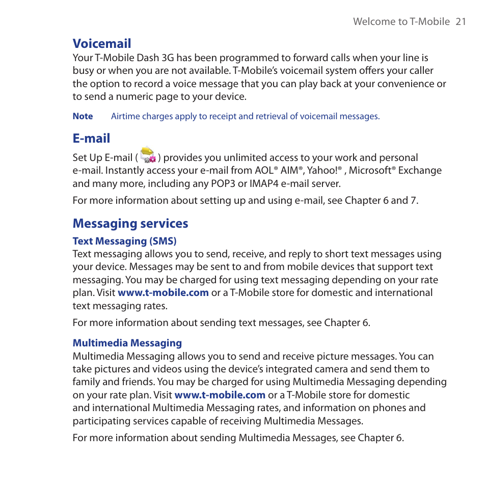 Voicemail, E-mail, Messaging services | Voicemail e-mail messaging services | HTC Dash 3G HS S200 User Manual | Page 21 / 192