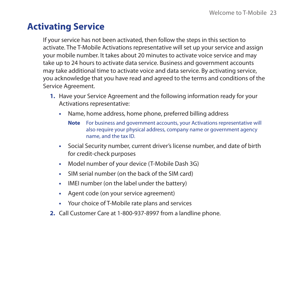 Activating service, Activating.service | HTC Dash 3G HS S200 User Manual | Page 23 / 192