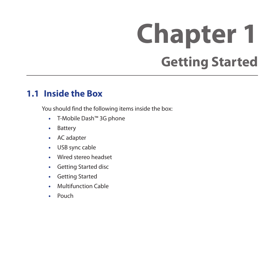 Chapter 1 getting started, 1 inside the box, Inside.the.box | Chapter 1, Getting started | HTC Dash 3G HS S200 User Manual | Page 25 / 192