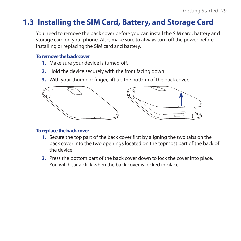 Installing.the.sim.card,.battery,.and.storage.card | HTC Dash 3G HS S200 User Manual | Page 29 / 192