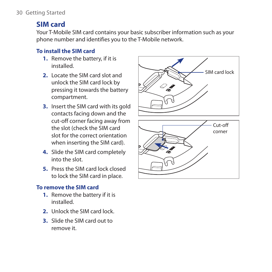 Sim card | HTC Dash 3G HS S200 User Manual | Page 30 / 192