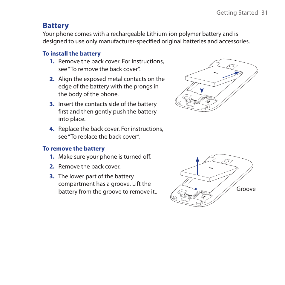 Battery | HTC Dash 3G HS S200 User Manual | Page 31 / 192
