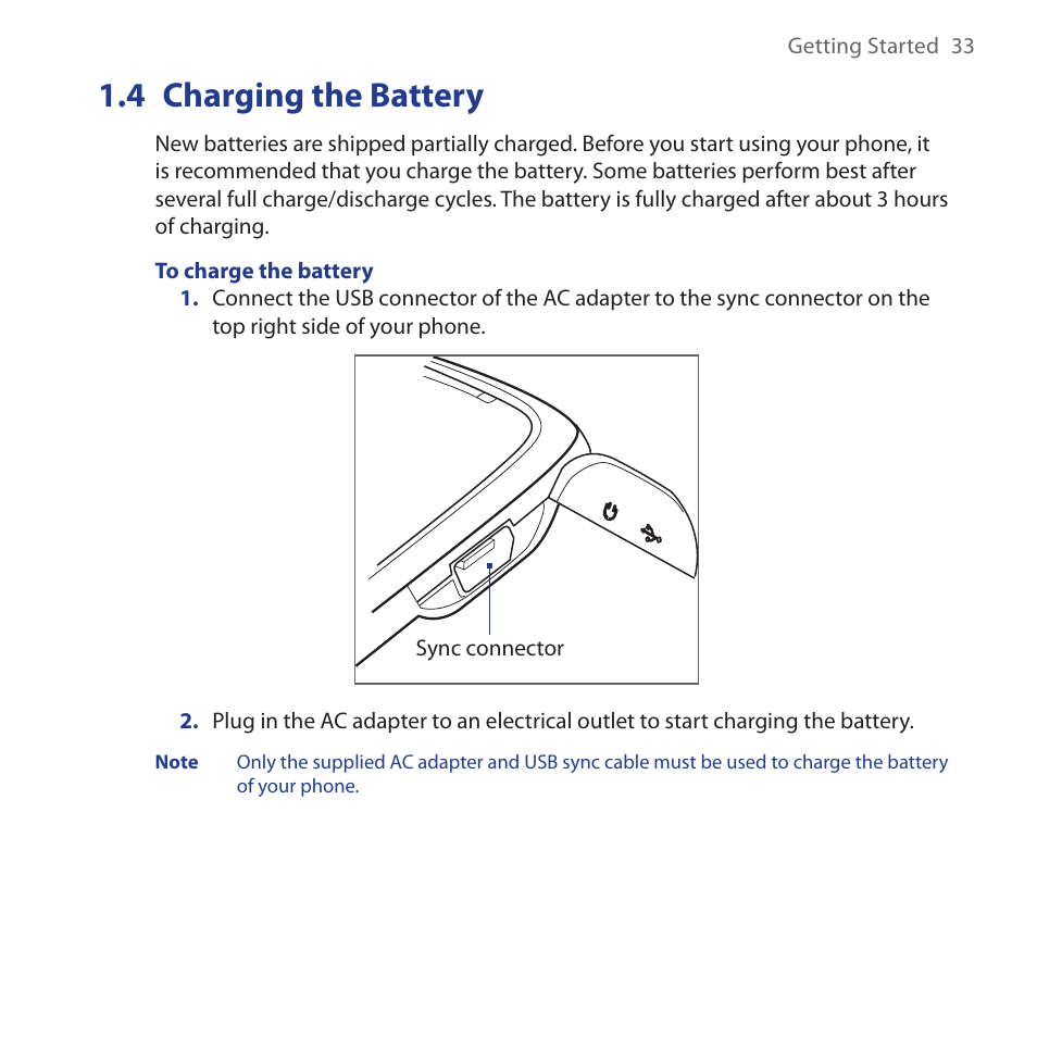 4 charging the battery, Charging.the.battery | HTC Dash 3G HS S200 User Manual | Page 33 / 192