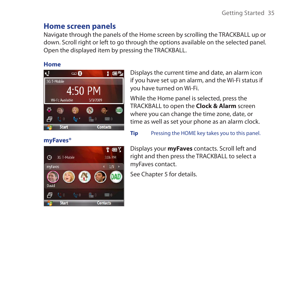 Home screen panels | HTC Dash 3G HS S200 User Manual | Page 35 / 192