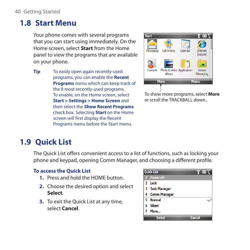 8 start menu, 9 quick list, Start.menu 1.9. quick.list | HTC Dash 3G HS S200 User Manual | Page 40 / 192