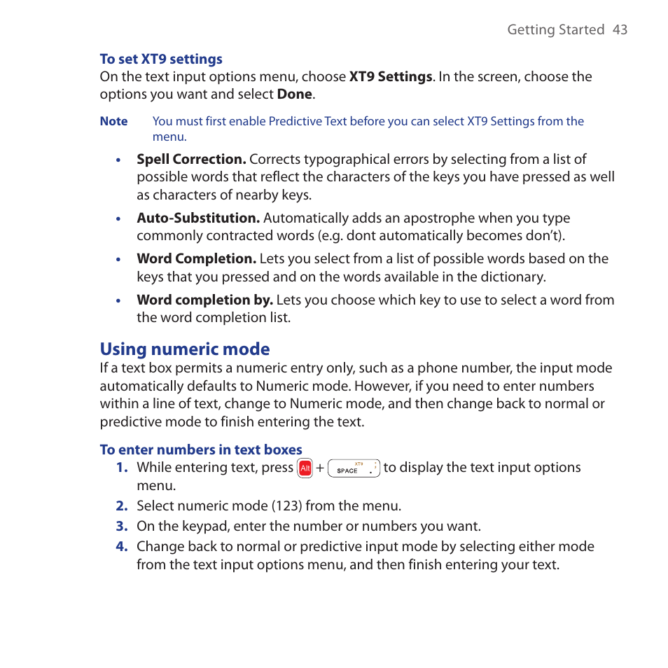 Using numeric mode | HTC Dash 3G HS S200 User Manual | Page 43 / 192