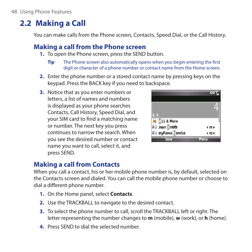 2 making a call, Making a call from the phone screen, Making a call from contacts | Making.a.call | HTC Dash 3G HS S200 User Manual | Page 48 / 192