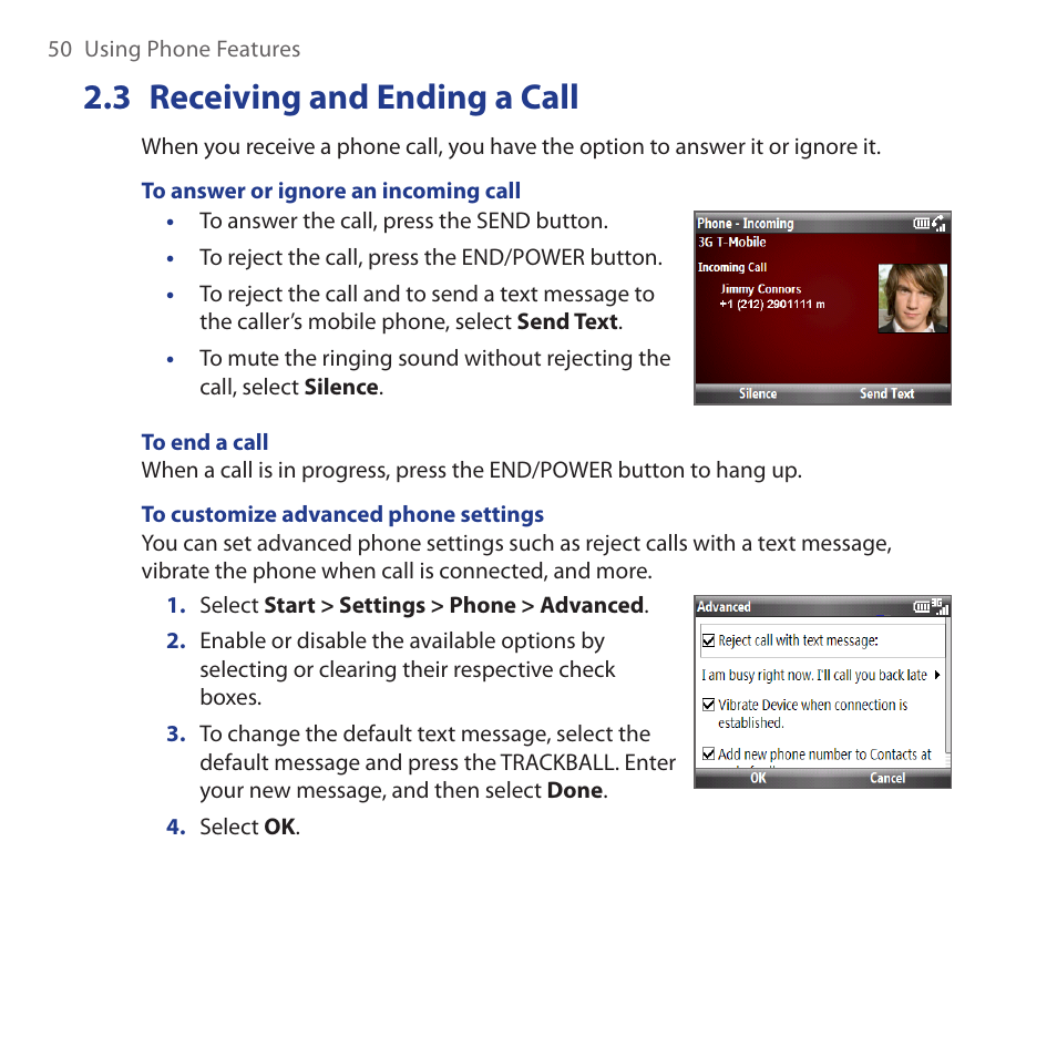 3 receiving and ending a call, Receiving.and.ending.a.call | HTC Dash 3G HS S200 User Manual | Page 50 / 192