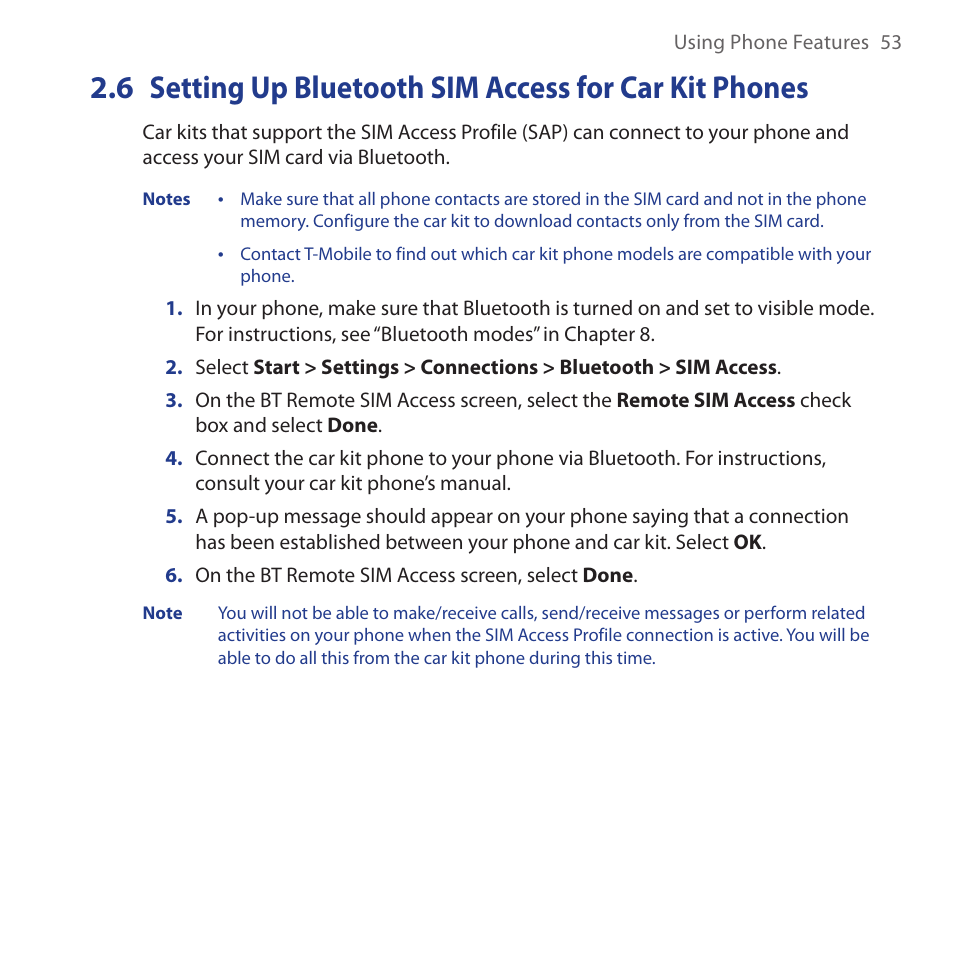 Setting.up.bluetooth.sim.access.for.car.kit.phones | HTC Dash 3G HS S200 User Manual | Page 53 / 192