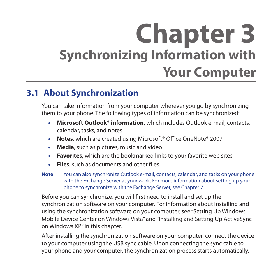 1 about synchronization, About.synchronization, Chapter 3 | Synchronizing information with your computer | HTC Dash 3G HS S200 User Manual | Page 55 / 192
