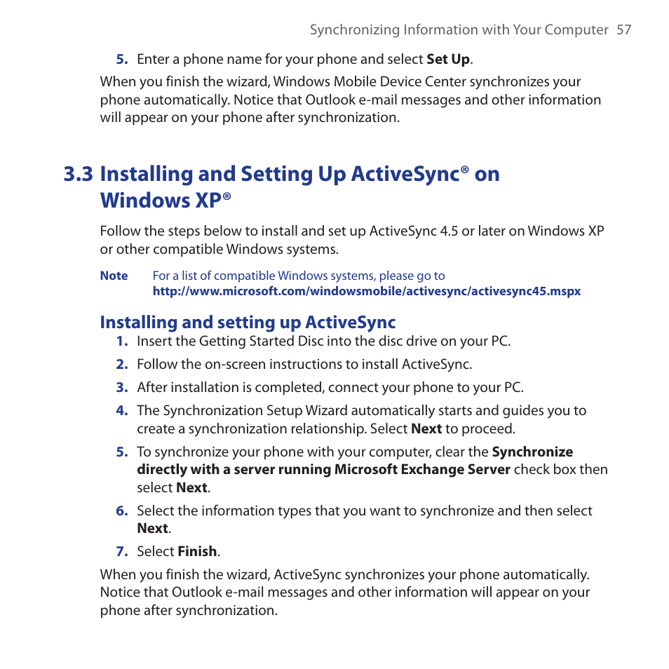 Installing and setting up activesync | HTC Dash 3G HS S200 User Manual | Page 57 / 192