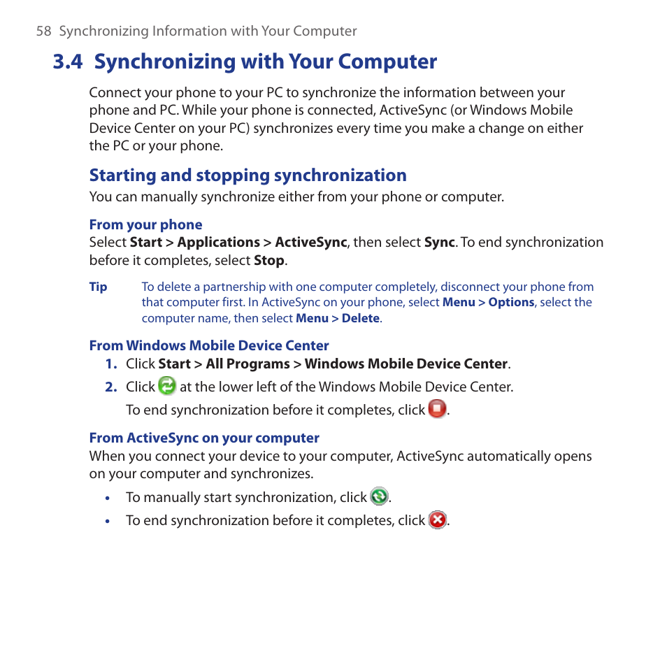 4 synchronizing with your computer, Starting and stopping synchronization, Synchronizing.with.your.computer | HTC Dash 3G HS S200 User Manual | Page 58 / 192
