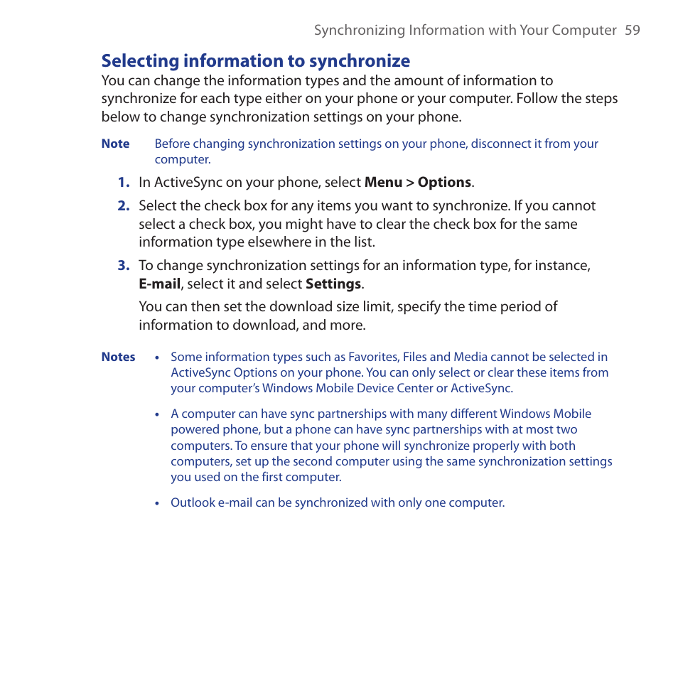 Selecting information to synchronize | HTC Dash 3G HS S200 User Manual | Page 59 / 192