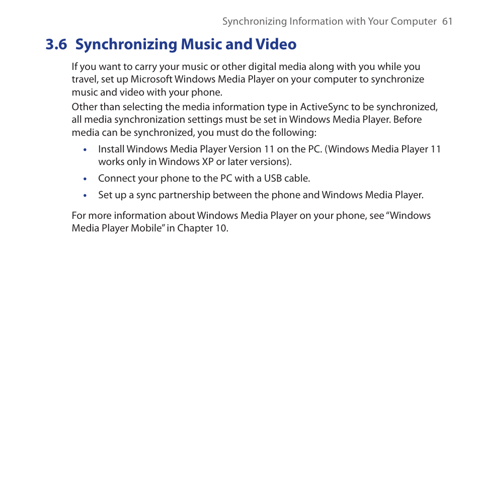 6 synchronizing music and video, Synchronizing.music.and.video | HTC Dash 3G HS S200 User Manual | Page 61 / 192