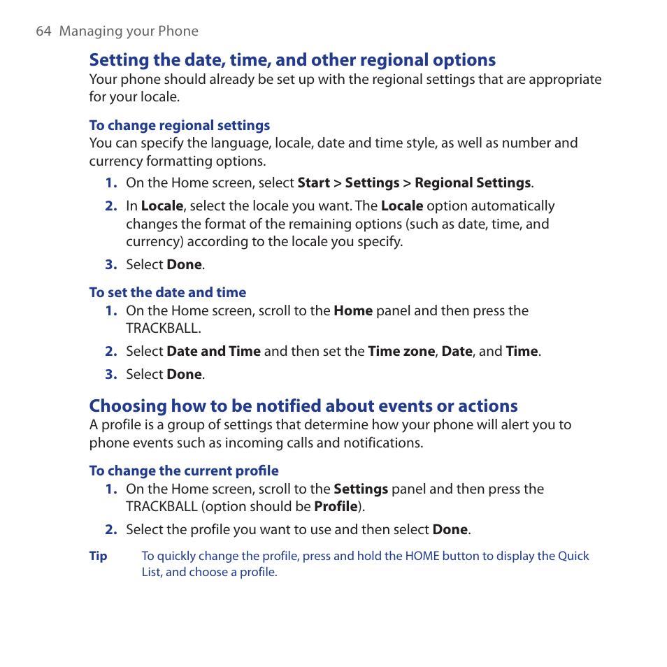 Setting the date, time, and other regional options | HTC Dash 3G HS S200 User Manual | Page 64 / 192