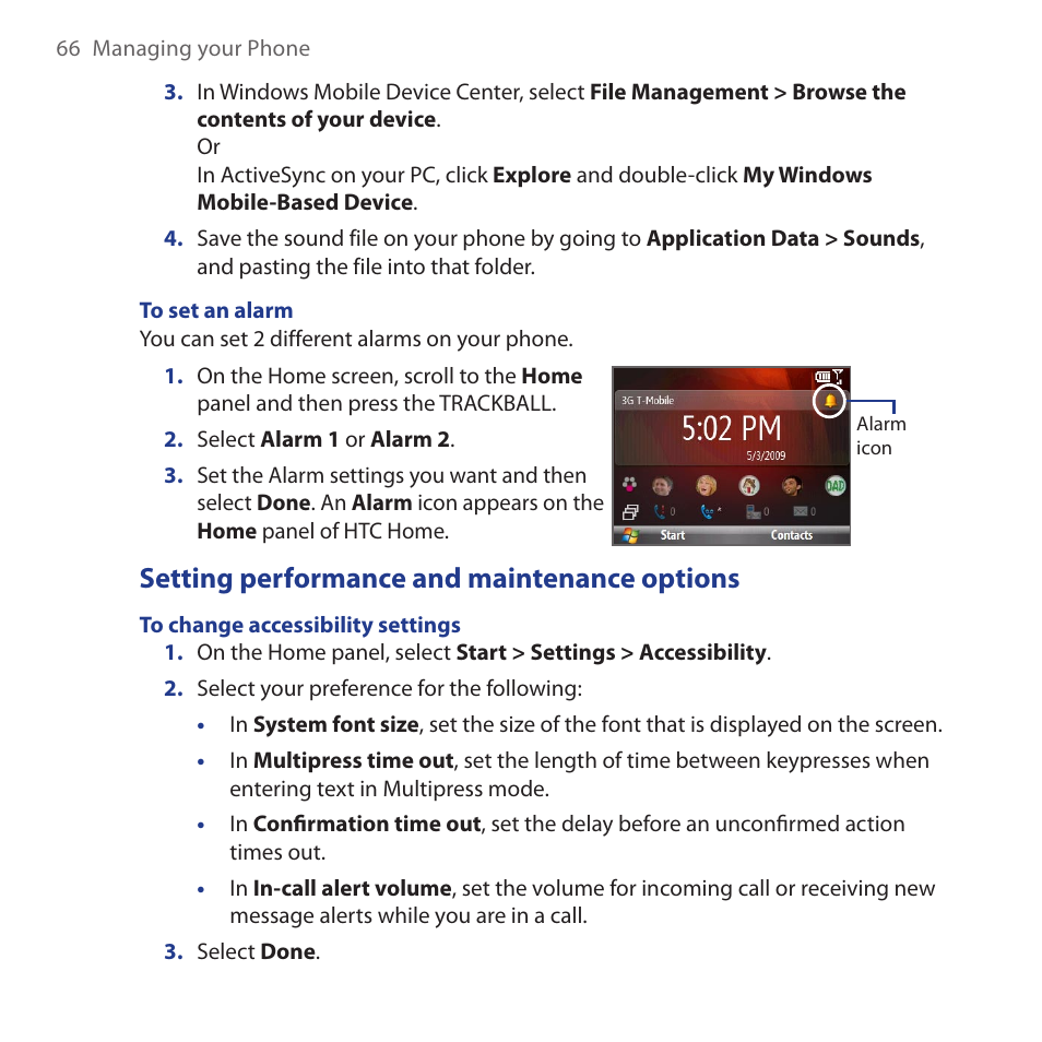 Setting performance and maintenance options | HTC Dash 3G HS S200 User Manual | Page 66 / 192