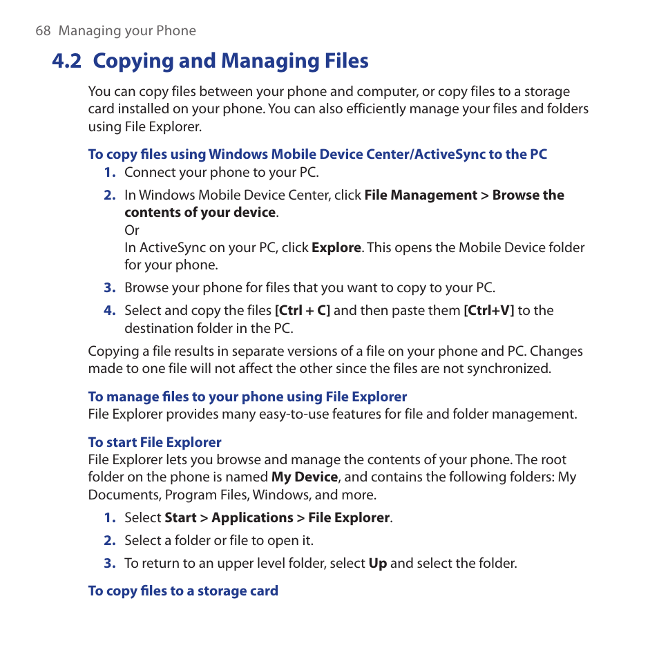 2 copying and managing files, Copying.and.managing.files | HTC Dash 3G HS S200 User Manual | Page 68 / 192