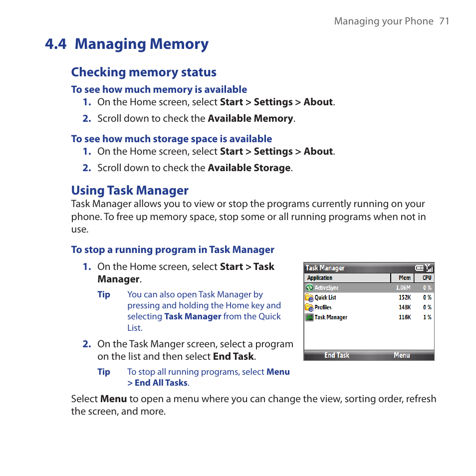 4 managing memory, Checking memory status, Using task manager | Managing.memory, Checking memory status using task manager | HTC Dash 3G HS S200 User Manual | Page 71 / 192