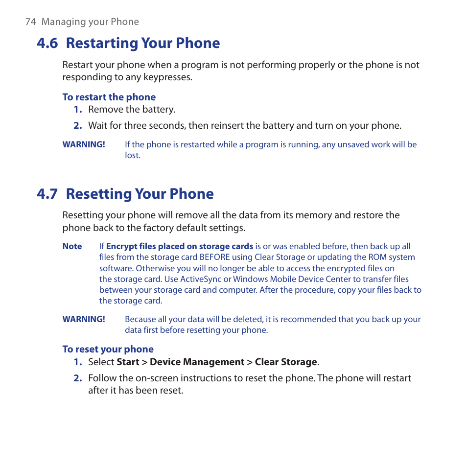 6 restarting your phone, 7 resetting your phone, Restarting.your.phone 4.7. resetting.your.phone | HTC Dash 3G HS S200 User Manual | Page 74 / 192