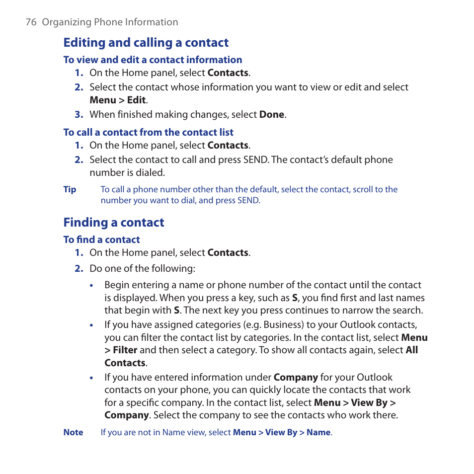 Editing and calling a contact, Finding a contact, Editing and calling a contact finding a contact | HTC Dash 3G HS S200 User Manual | Page 76 / 192