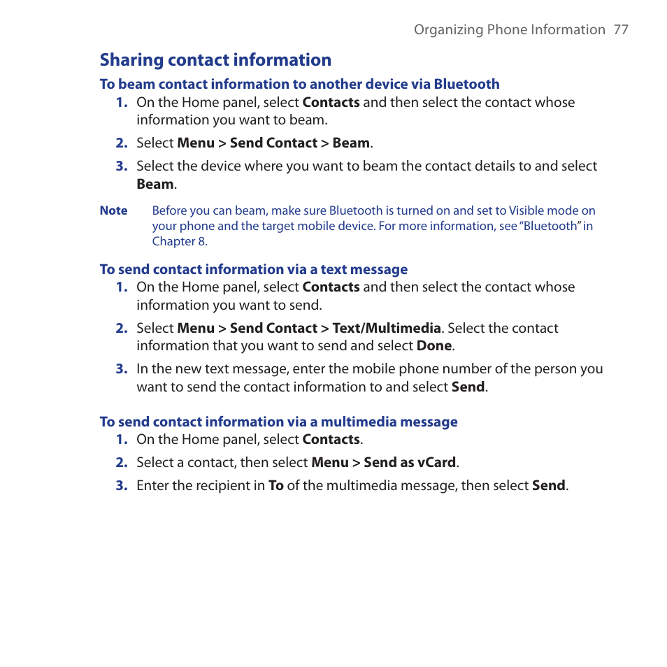 Sharing contact information | HTC Dash 3G HS S200 User Manual | Page 77 / 192